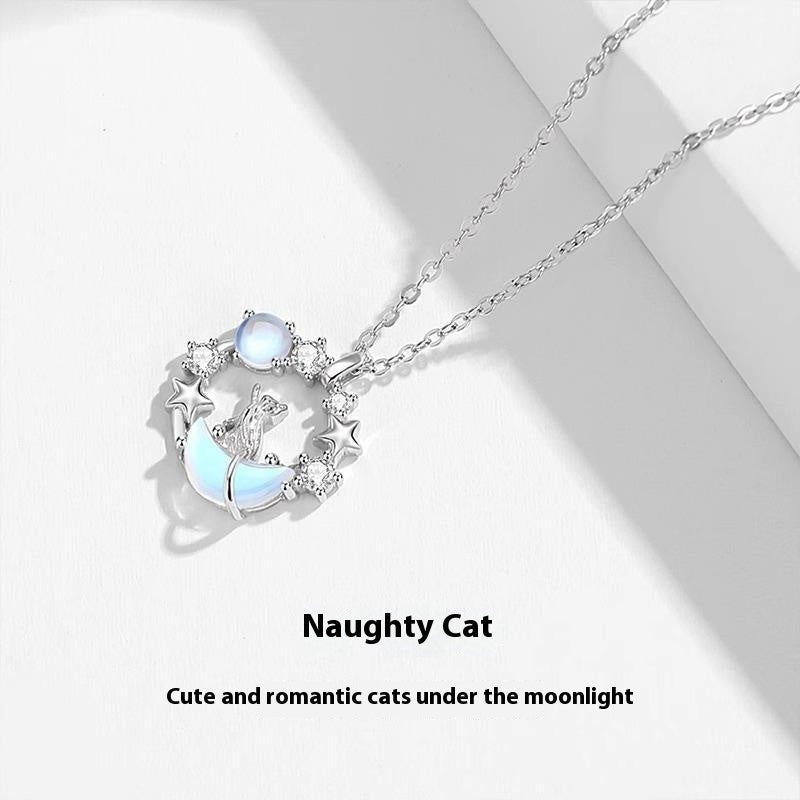 Light Luxury Cat Necklace 925 Silver Pendant White Gold