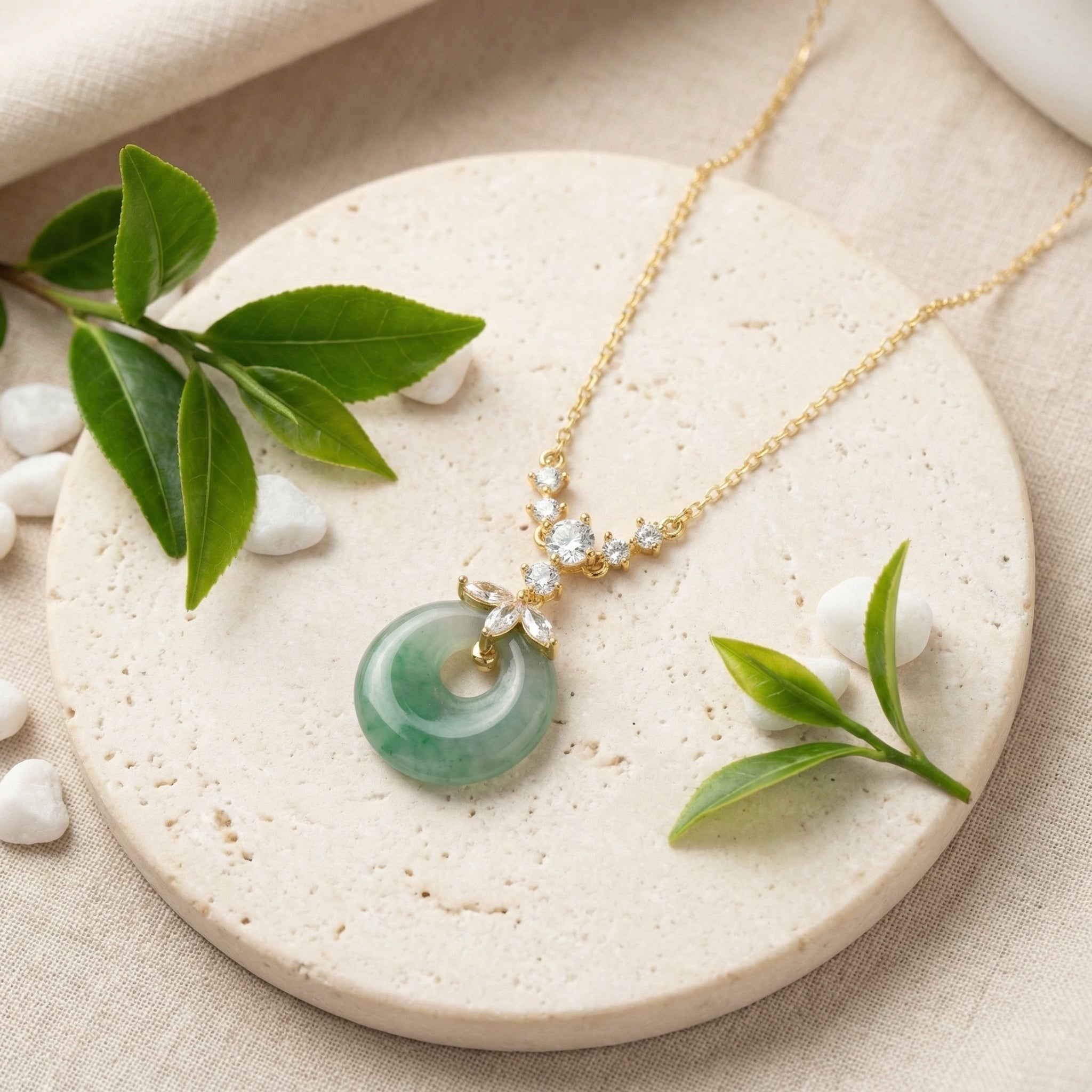 Green Jade Donut Pendant Necklace | 925 Sterling Silver & Crystal Floral Crown