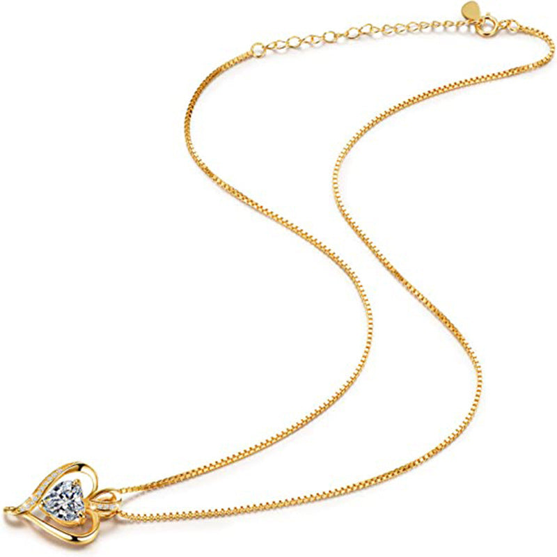 Korean Style Box Chain Necklace Heart Inlaid Zircon Gold