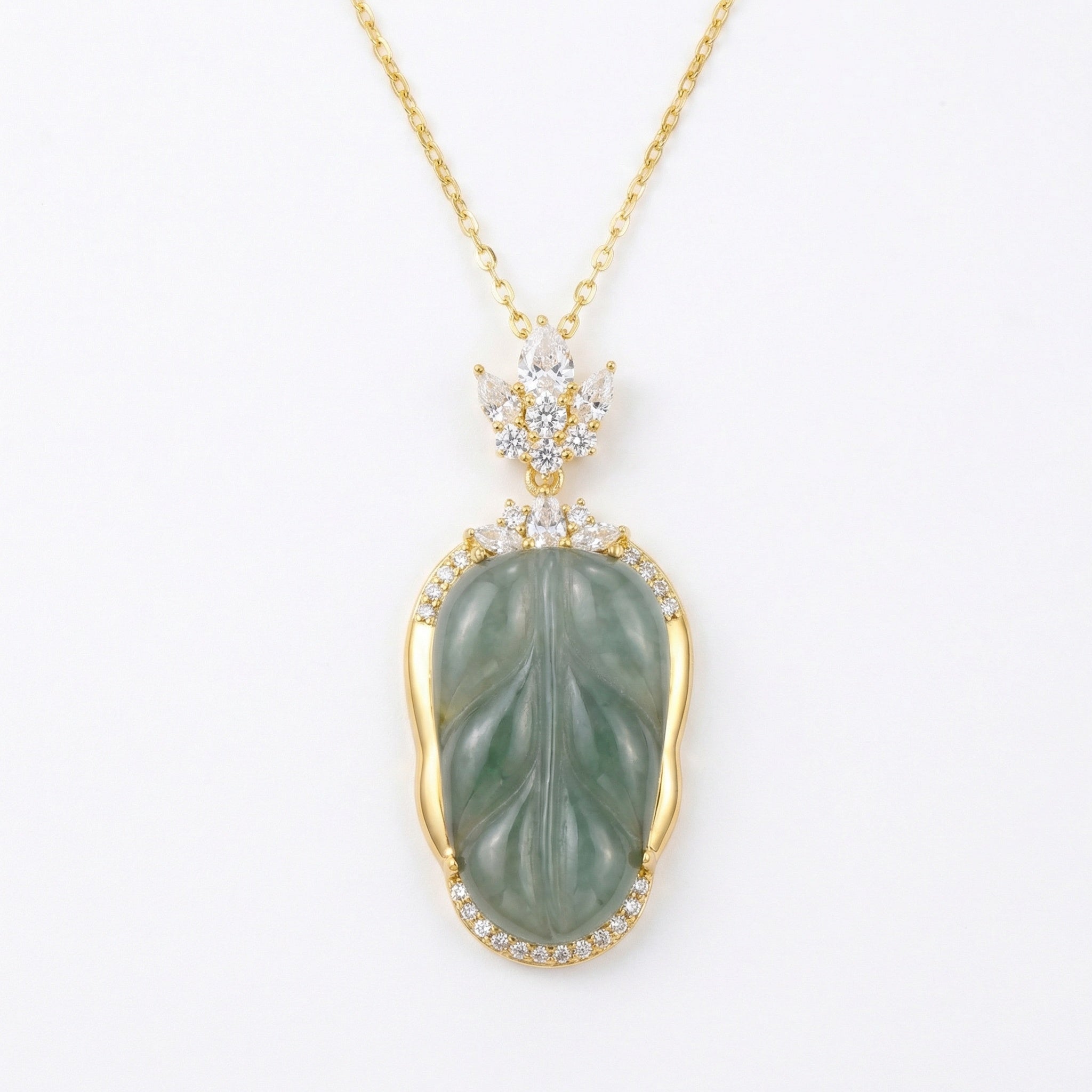 Green Jadeite Leaf Pendant Necklace — 925 Sterling Silver | Gemstone Halo