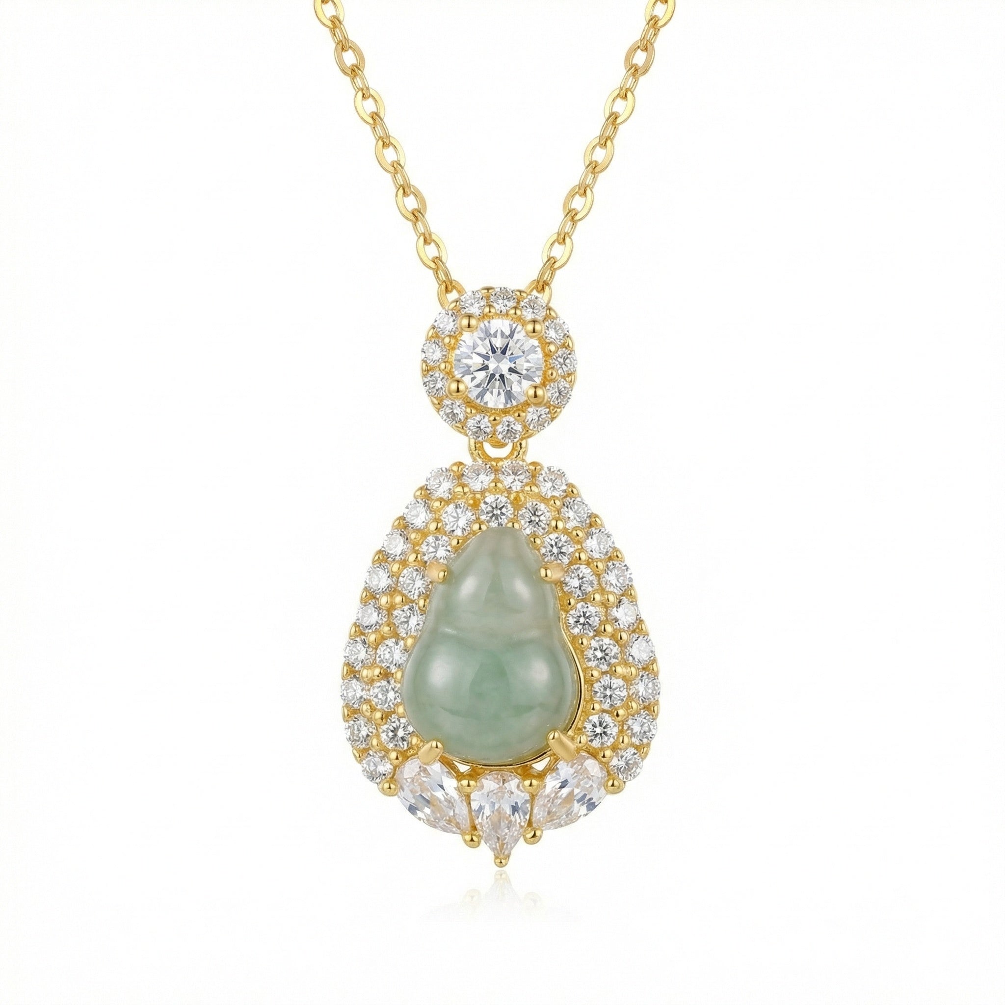 Green Jadeite Gourd Pendant Necklace | 925 Sterling Silver & Crystal Halo