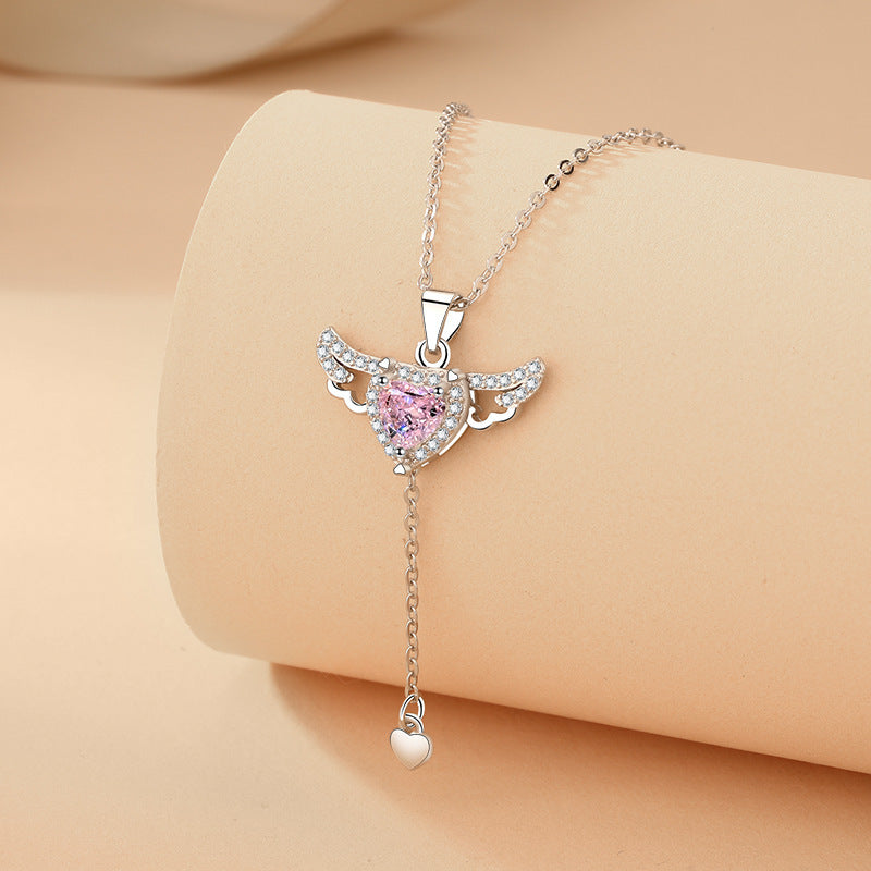 Moving Cupid Heart Angel Wings Tassel Necklace With Crystal