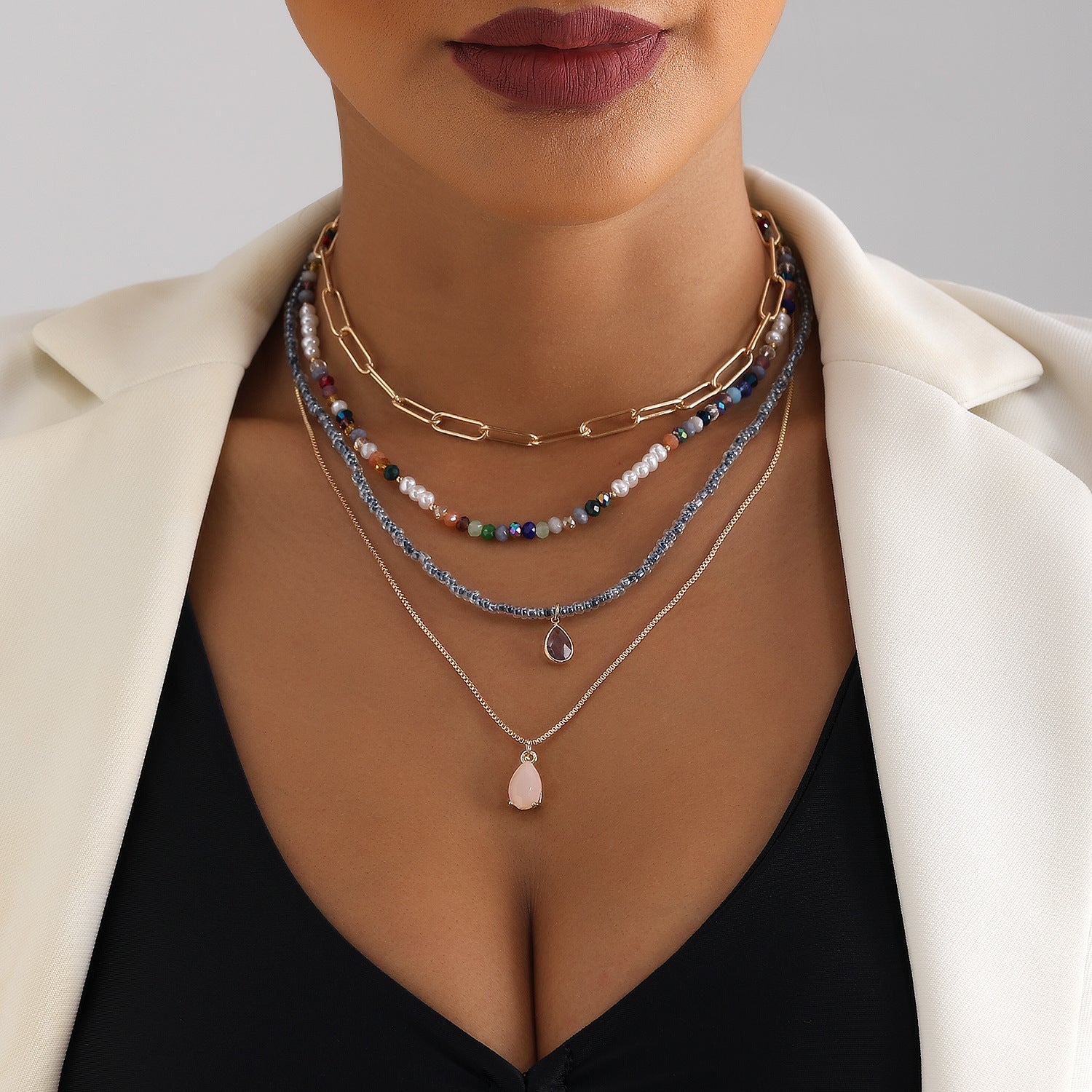 Bohemian Contrast Color Rice Shaped Beads Layered Necklace