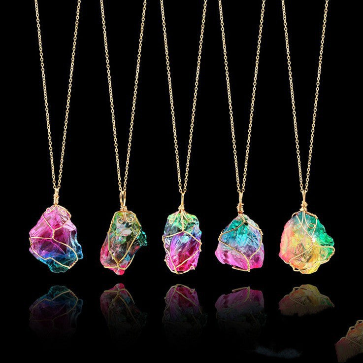 Seven Color Natural Stone Crystal Pendant Necklace Women