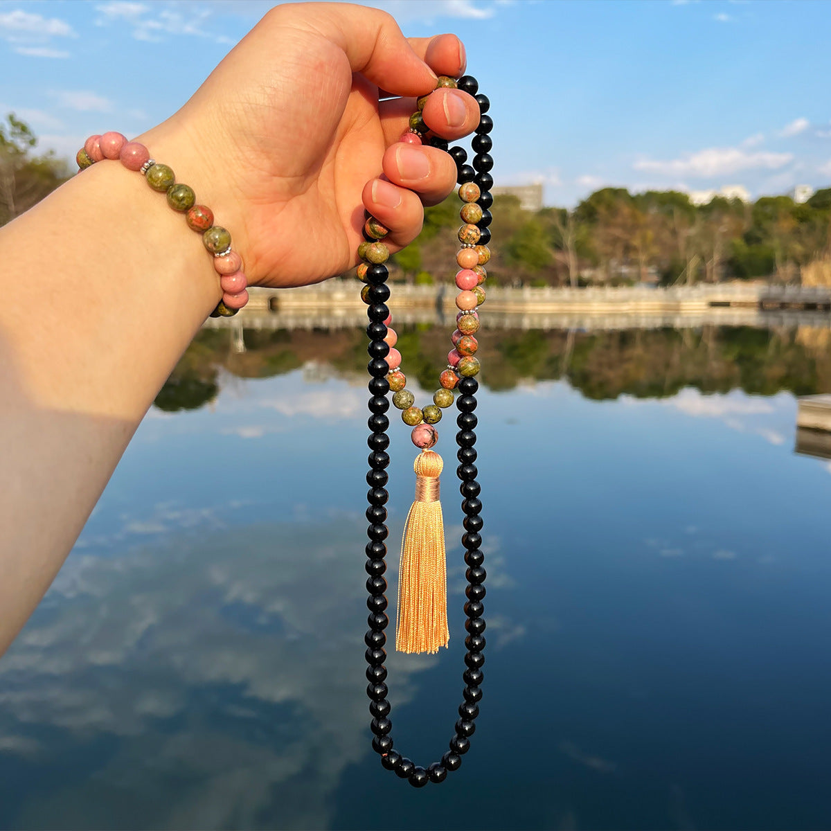 Unakite Prayer Beads 108 Natural Stone Mala Bracelet Set