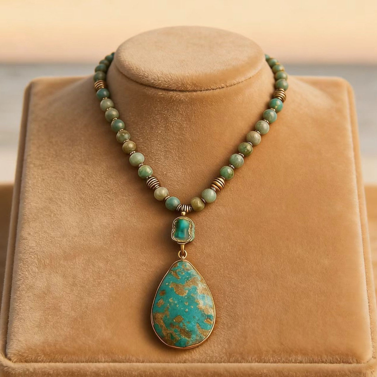 Natural Stone Geometric Necklace | Vintage Beaded Celestial Pendant
