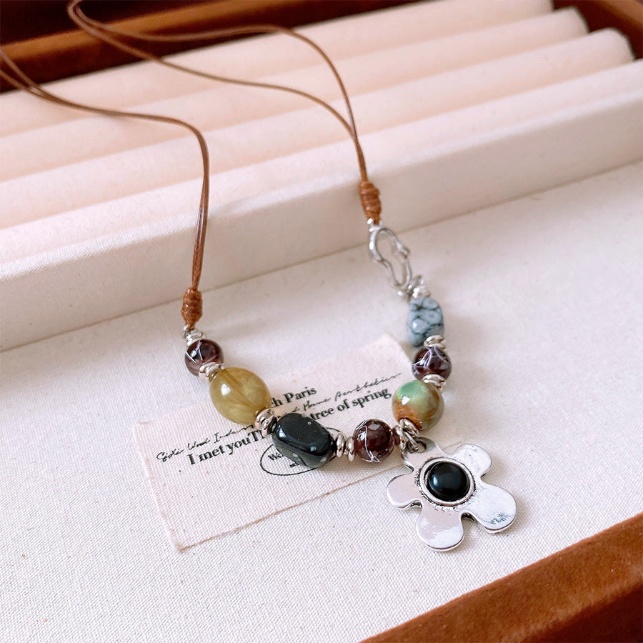 Flower Resin Necklace Clavicle Chain Brown Silver Black