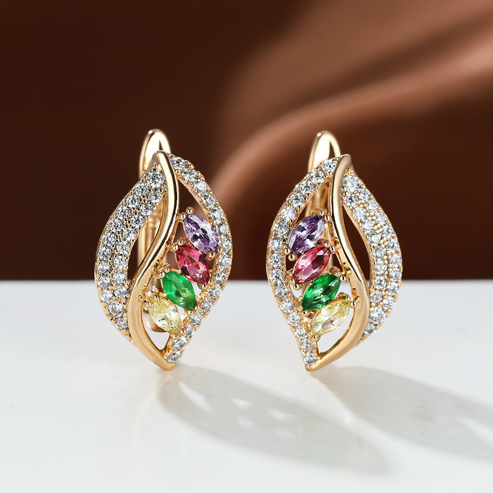 Leaf Shaped Rhinestone Earrings Zircon Stud Jewelry