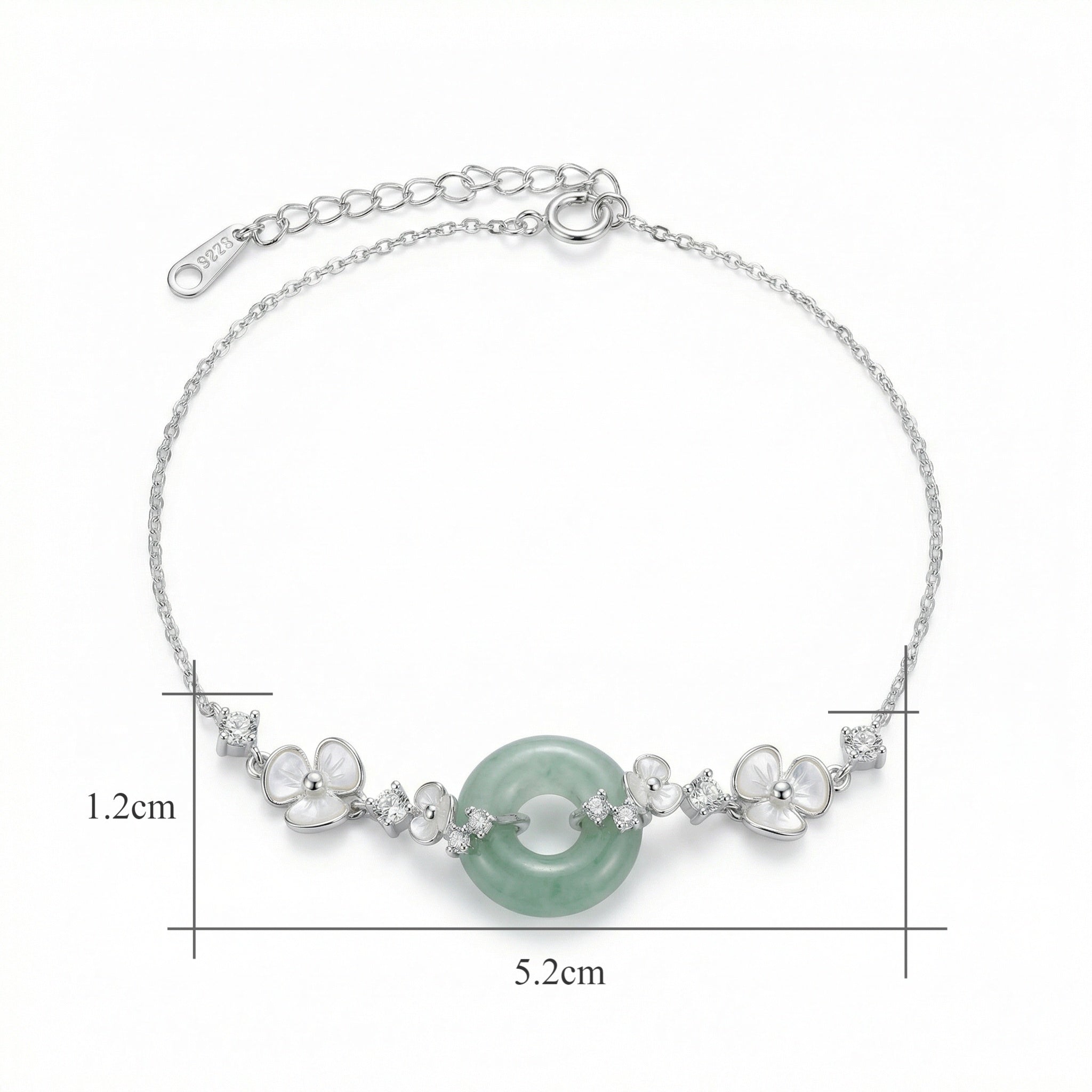 925 Sterling Silver Elegant S925 Sterling Silver Bracelet with Green Jade Ring and White Floral Charms