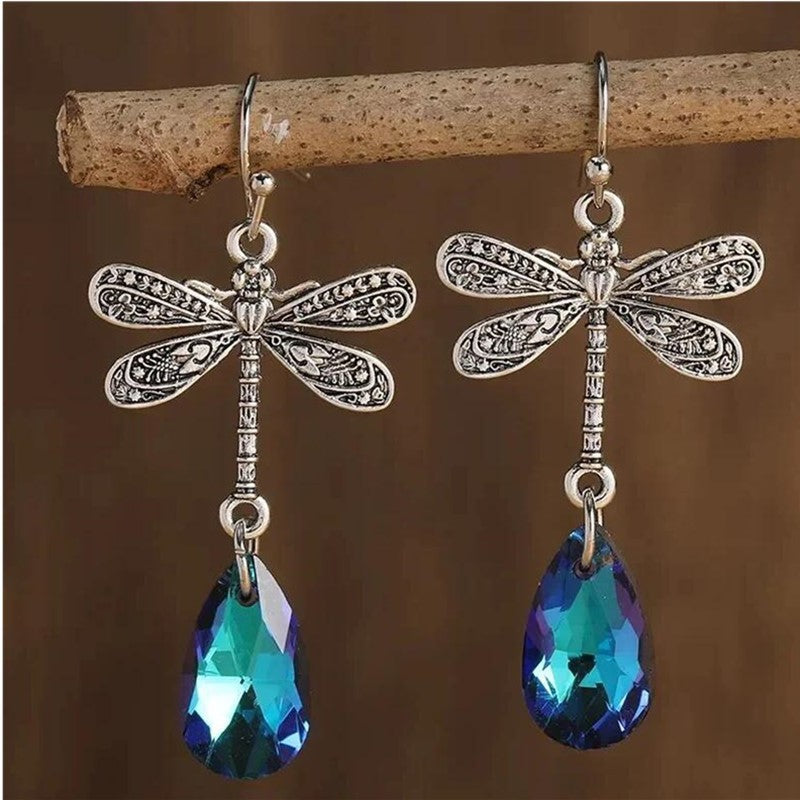 Dark Night Engraved Dragonfly Sapphire Water Drop Earrings