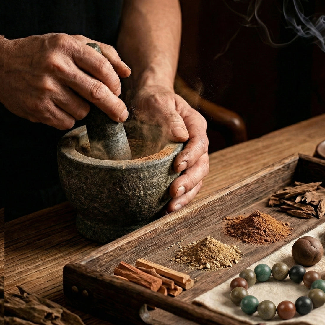 TCM Herbal Wood Bracelet — Sandalwood, Agarwood & Herb