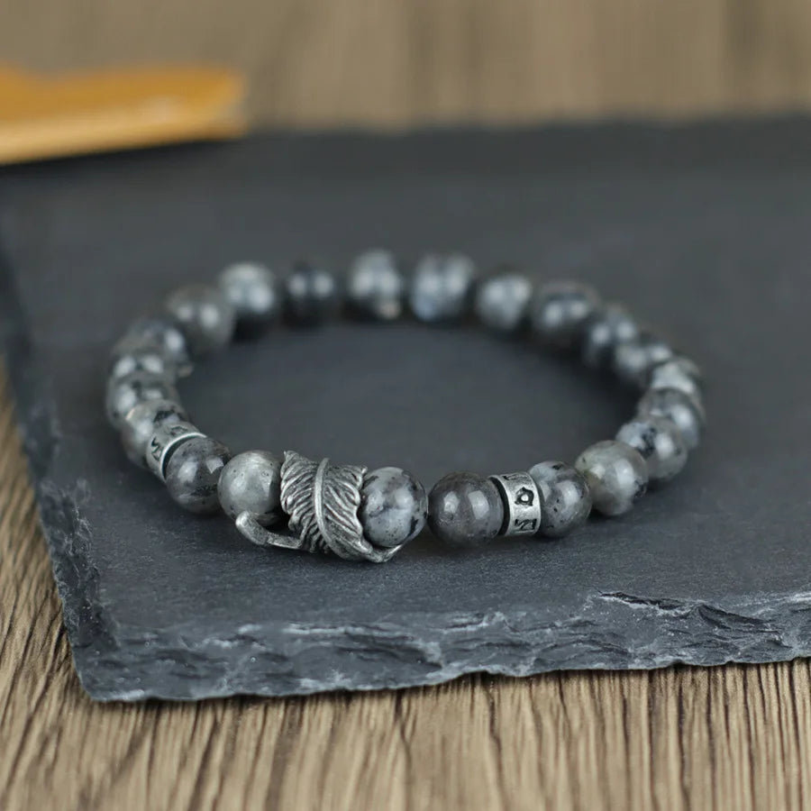 Men's Natural Stone Bracelet | Feather & Sanskrit Mantra | Lava, Onyx & Turquoise