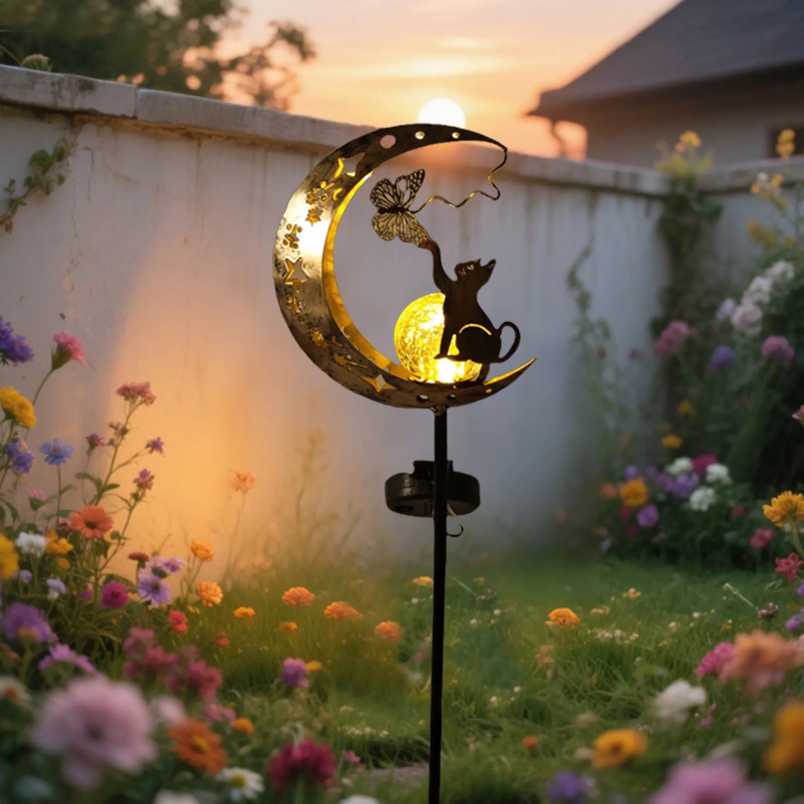 Tinkers Cat Moon Shaped Iron Solar Lamp With Sensor Outdoor Garden -
