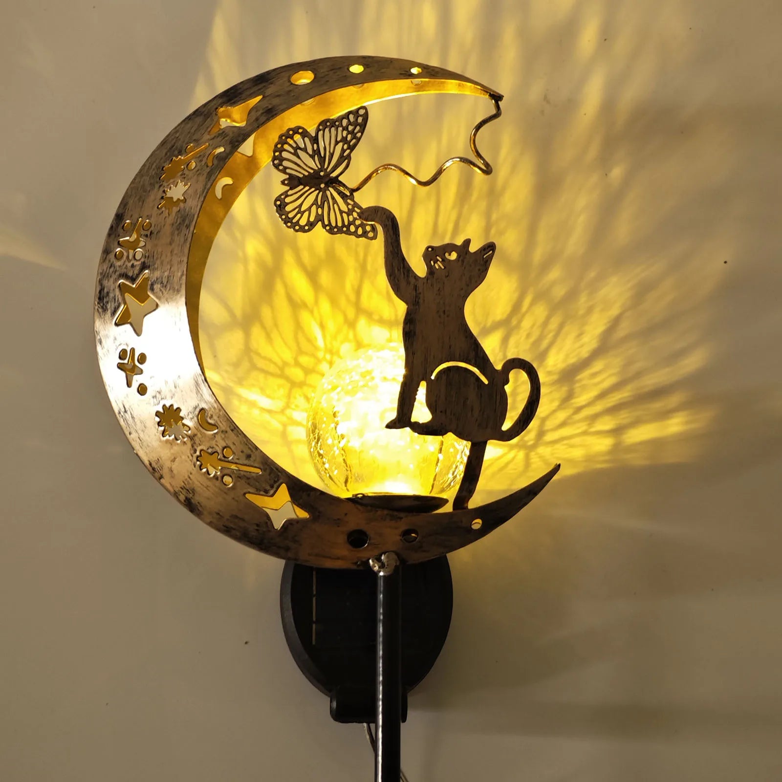 Tinkers Cat Moon Shaped Iron Solar Lamp With Sensor Outdoor Garden -