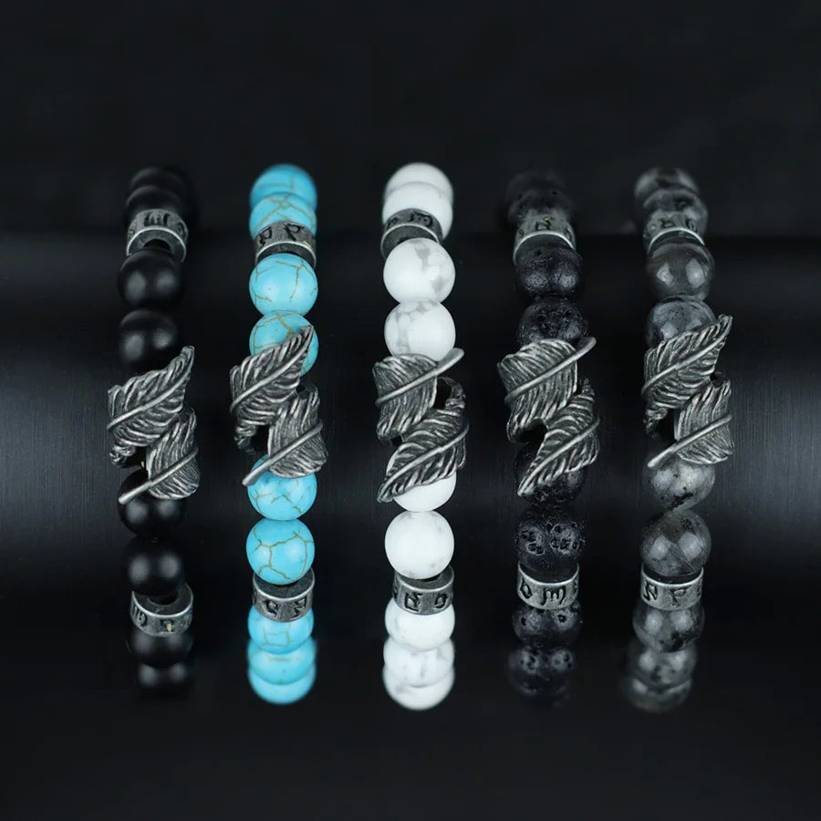 Men's Natural Stone Bracelet | Feather & Sanskrit Mantra | Lava, Onyx & Turquoise
