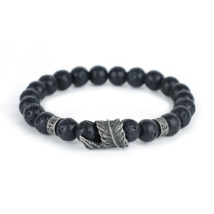 Men's Natural Stone Bracelet | Feather & Sanskrit Mantra | Lava, Onyx & Turquoise