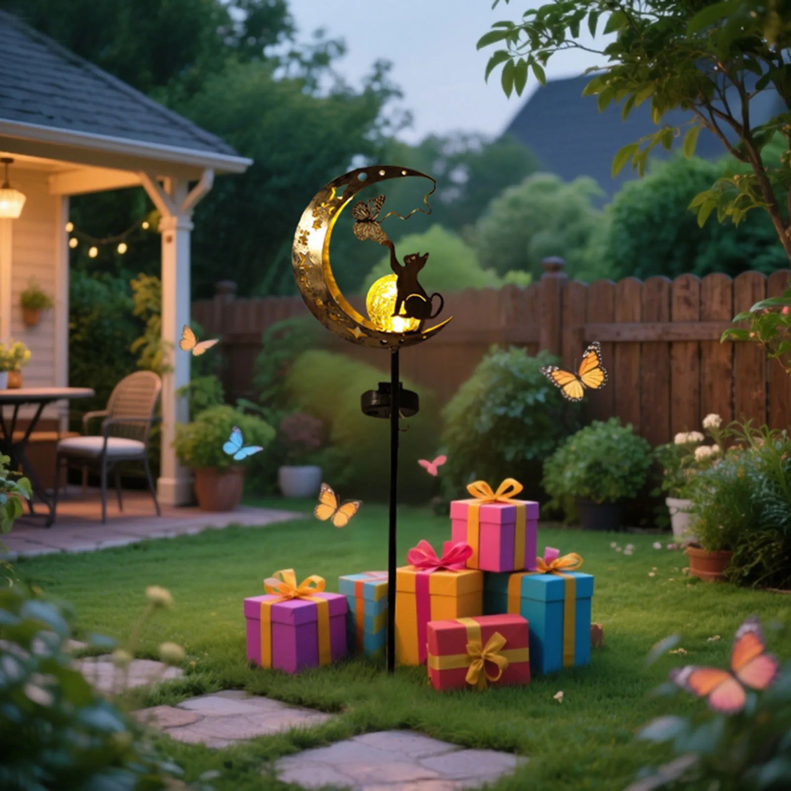 Tinkers Cat Moon Shaped Iron Solar Lamp With Sensor Outdoor Garden -