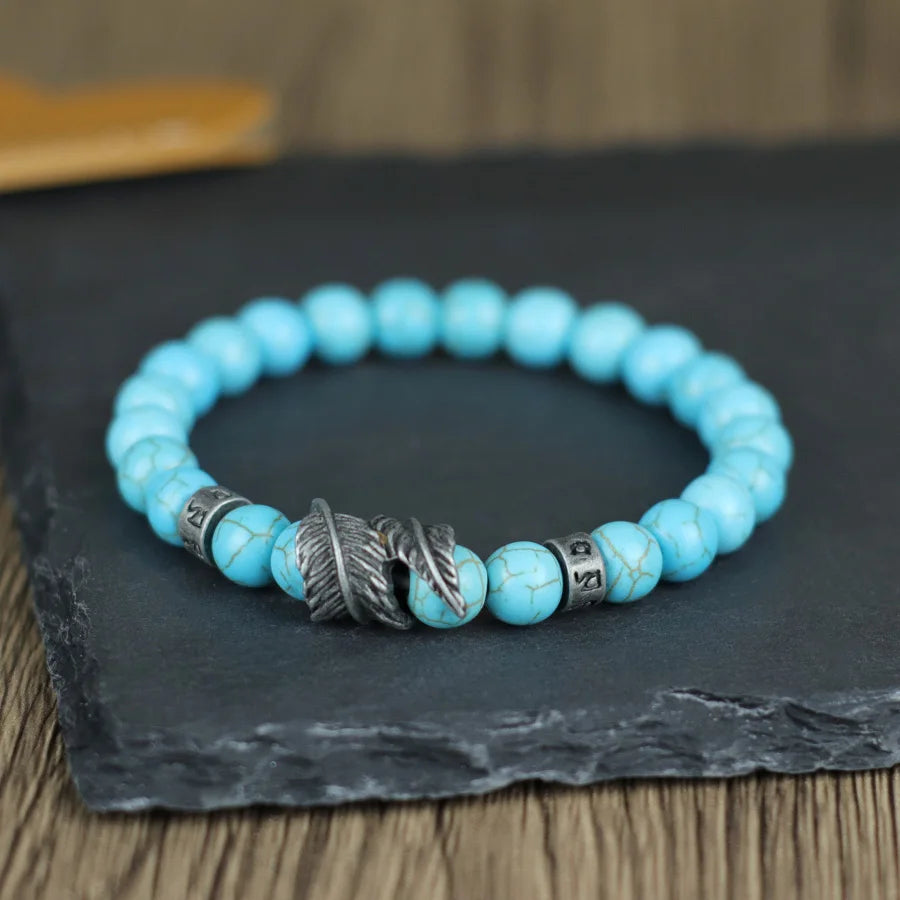 Men's Natural Stone Bracelet | Feather & Sanskrit Mantra | Lava, Onyx & Turquoise