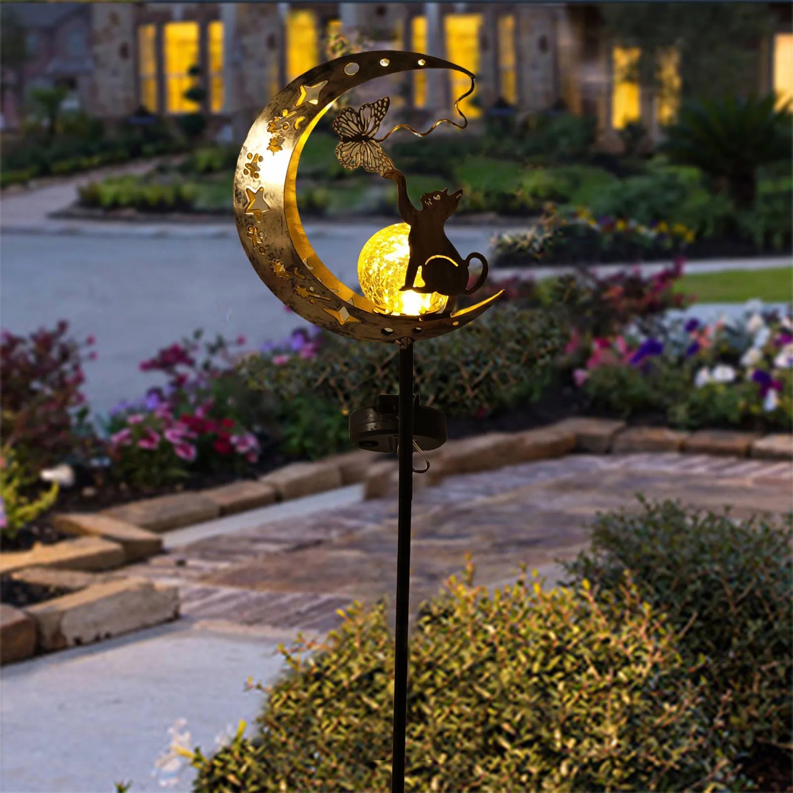Tinkers Cat Moon Shaped Iron Solar Lamp With Sensor Outdoor Garden -