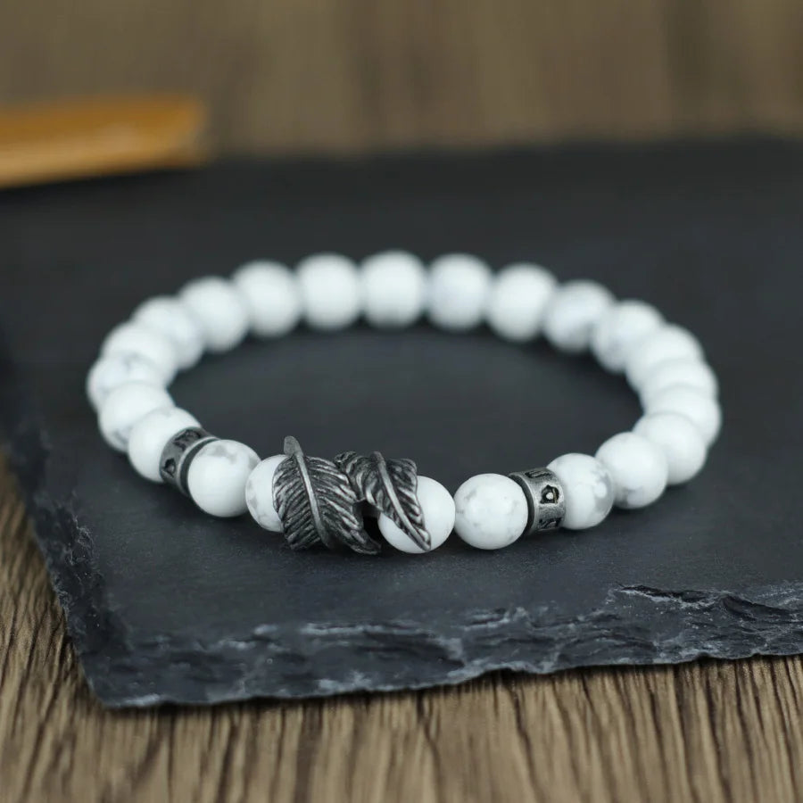 Men's Natural Stone Bracelet | Feather & Sanskrit Mantra | Lava, Onyx & Turquoise