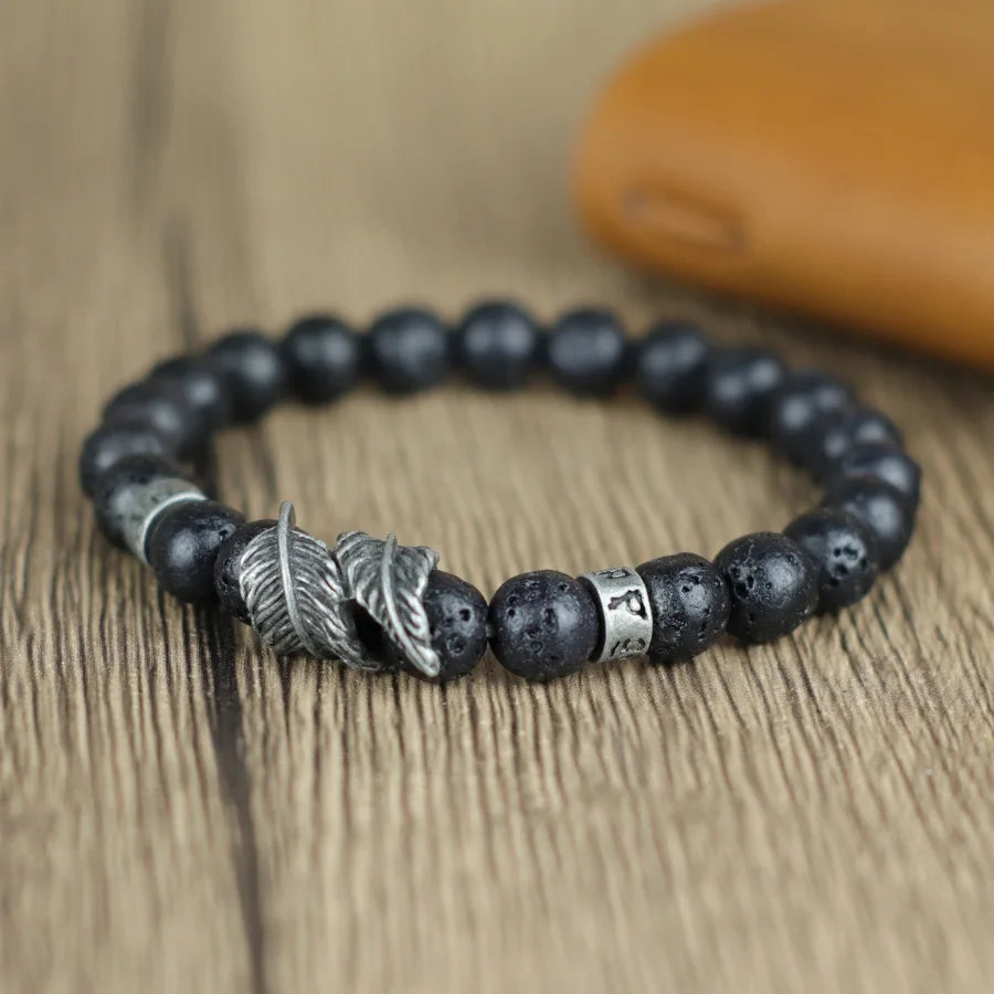 Men's Natural Stone Bracelet | Feather & Sanskrit Mantra | Lava, Onyx & Turquoise