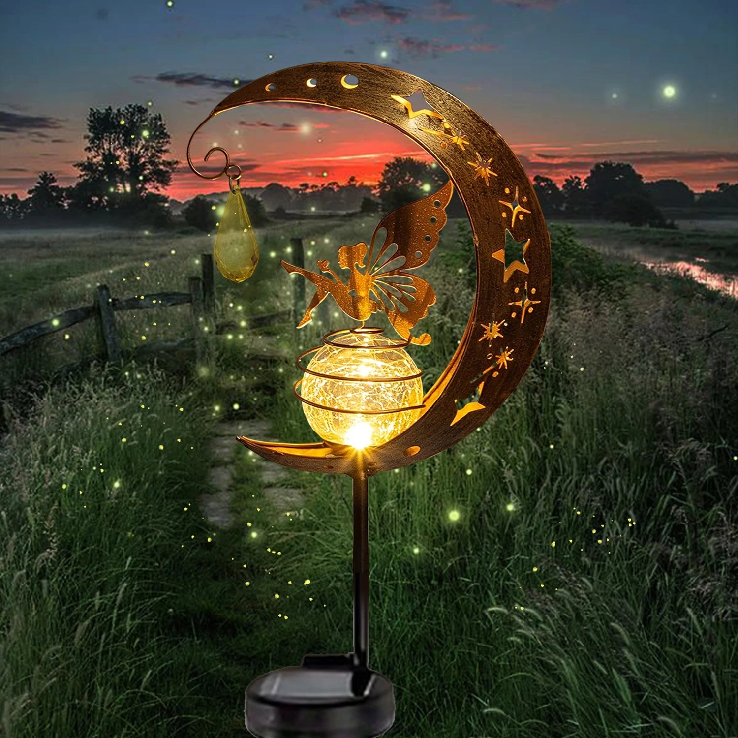 Tinkers Cat Moon Shaped Iron Solar Lamp With Sensor Outdoor Garden -