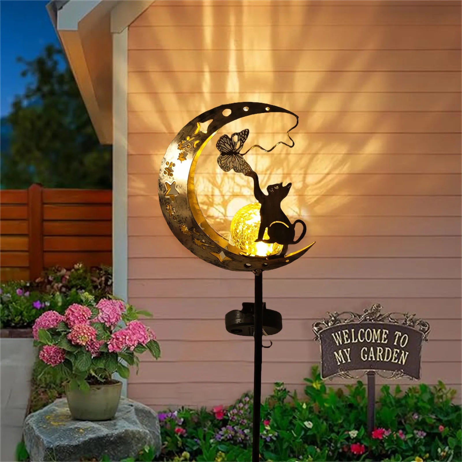 Tinkers Cat Moon Shaped Iron Solar Lamp With Sensor Outdoor Garden -