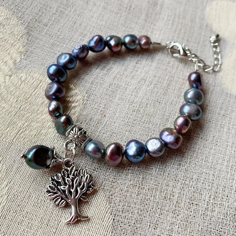 Rainbow Black Baroque Freshwater Pearl Bracelet with Tree of Life Charm