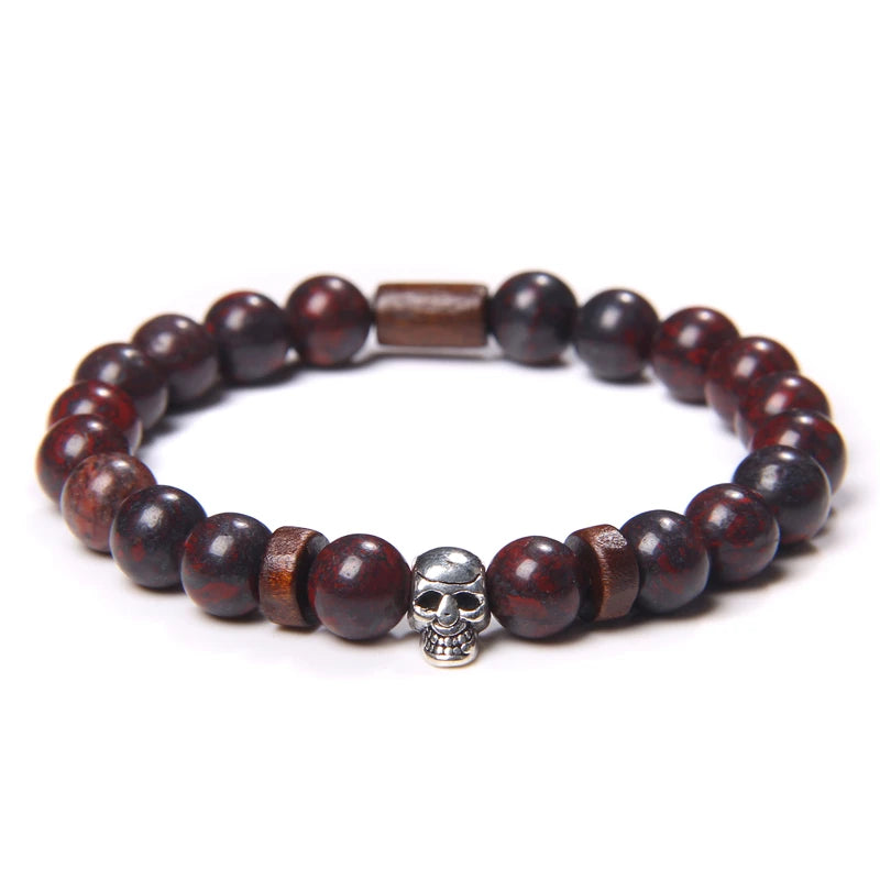 Tinkers Skull Beaded Bracelet Natural Stone Tiger Eye Malachite - Apparel & Accessories > Jewelry > Bracelets