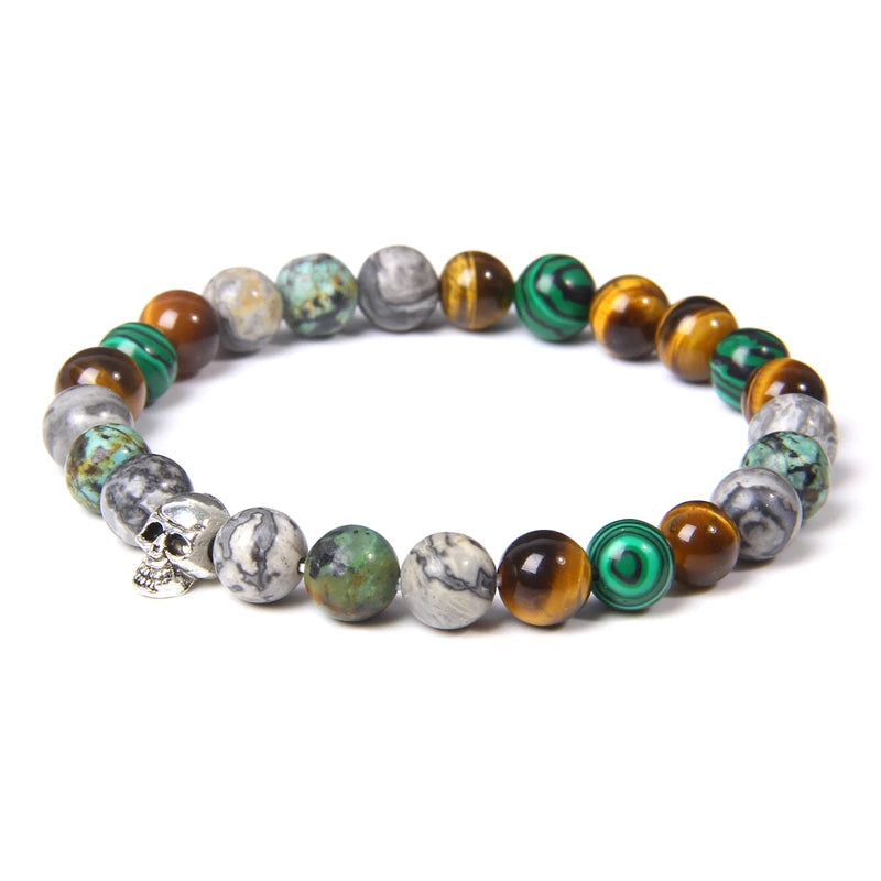 Tinkers Skull Beaded Bracelet Natural Stone Tiger Eye Malachite - Apparel & Accessories > Jewelry > Bracelets