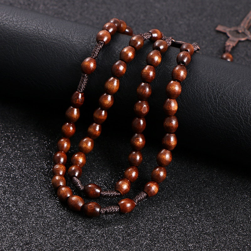 Rosewood Rosary Bead Necklace — Cross Pendant, Handmade Religious Jewelry