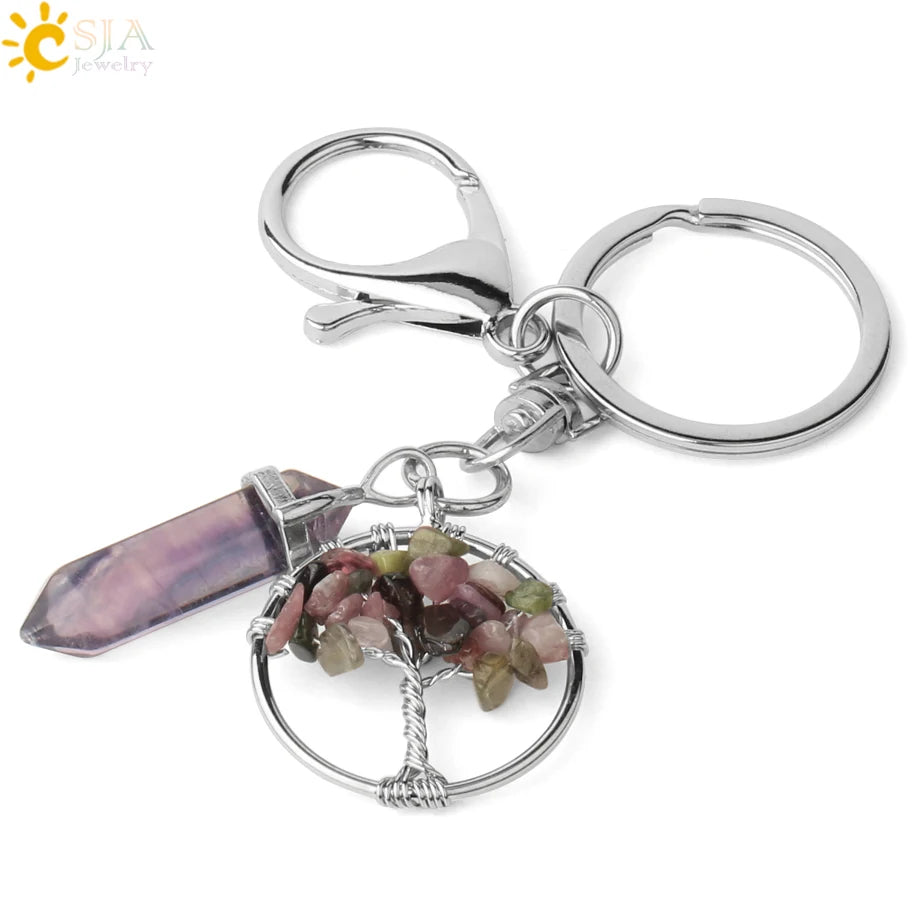 Natural Stone Tree of Life Keychain – Crystal Pendant with Lobster Clasp