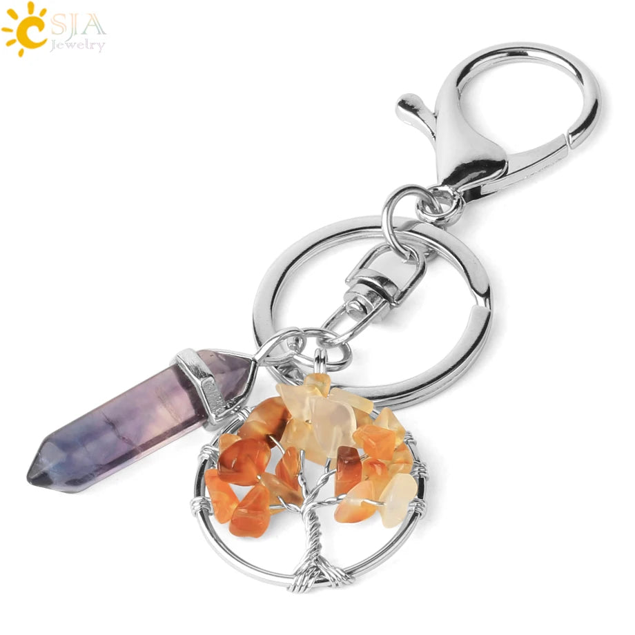 Natural Stone Tree of Life Keychain – Crystal Pendant with Lobster Clasp