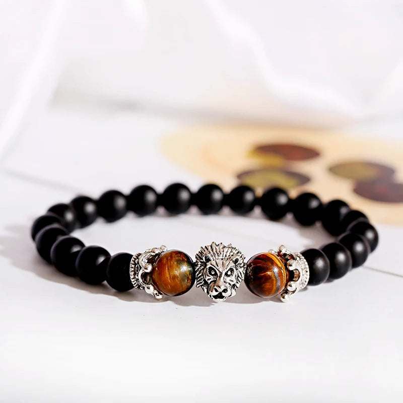 Tinkers Classic Crown Lion Beaded Bracelet Tiger Eye Onyx Stone - Apparel & Accessories > Jewelry > Bracelets