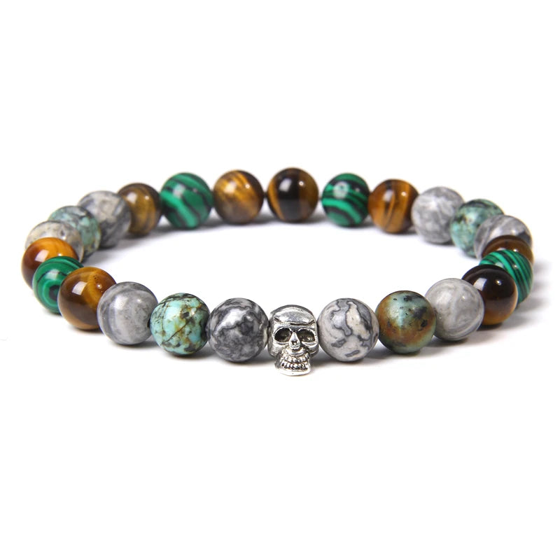 Tinkers Skull Beaded Bracelet Natural Stone Tiger Eye Malachite - Apparel & Accessories > Jewelry > Bracelets