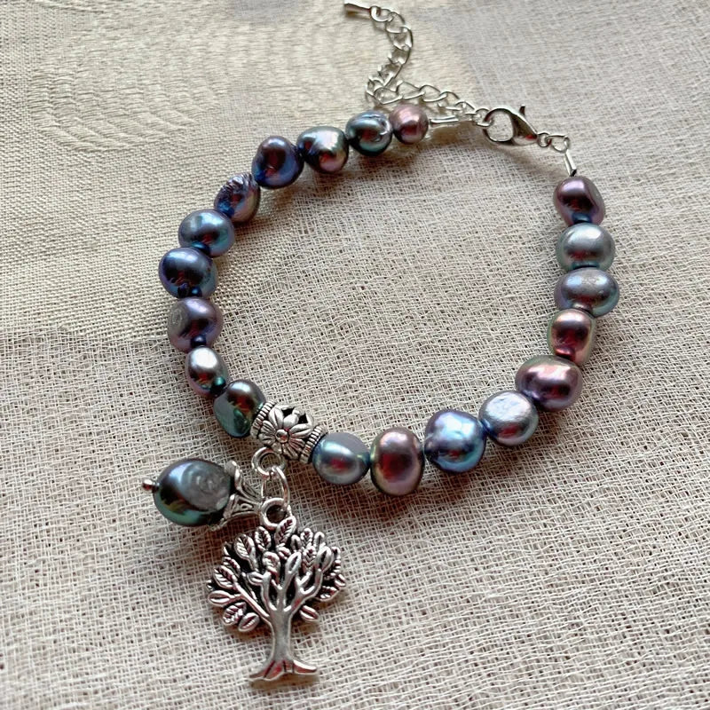 Rainbow Black Baroque Freshwater Pearl Bracelet with Tree of Life Charm