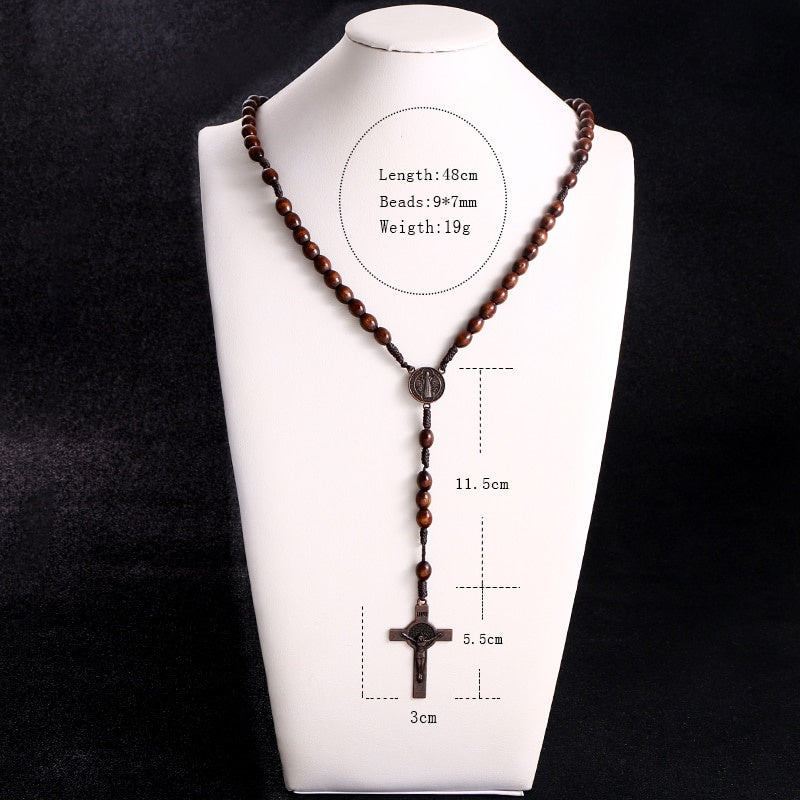 Rosewood Rosary Bead Necklace — Cross Pendant, Handmade Religious Jewelry