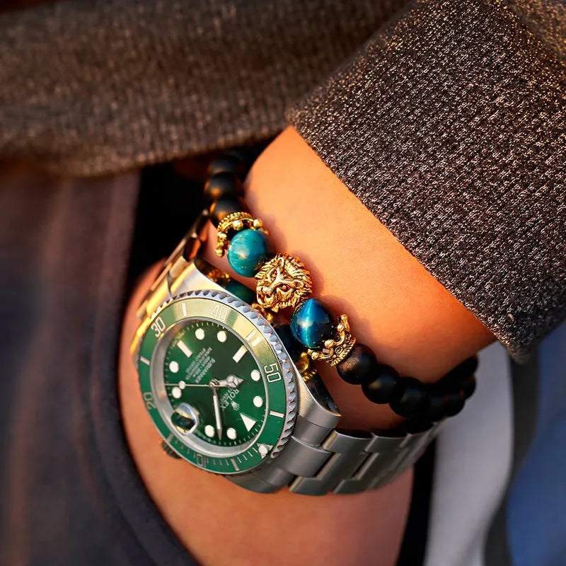 Tinkers Classic Crown Lion Beaded Bracelet Tiger Eye Onyx Stone - Apparel & Accessories > Jewelry > Bracelets