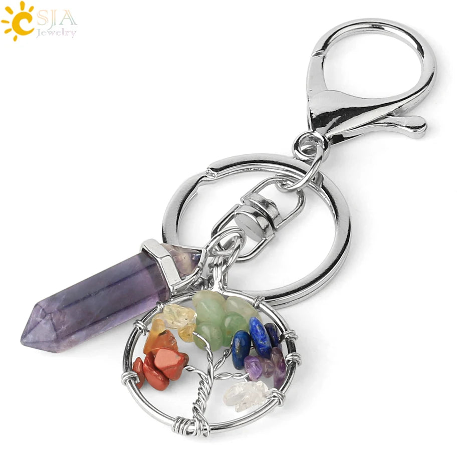 Natural Stone Tree of Life Keychain – Crystal Pendant with Lobster Clasp