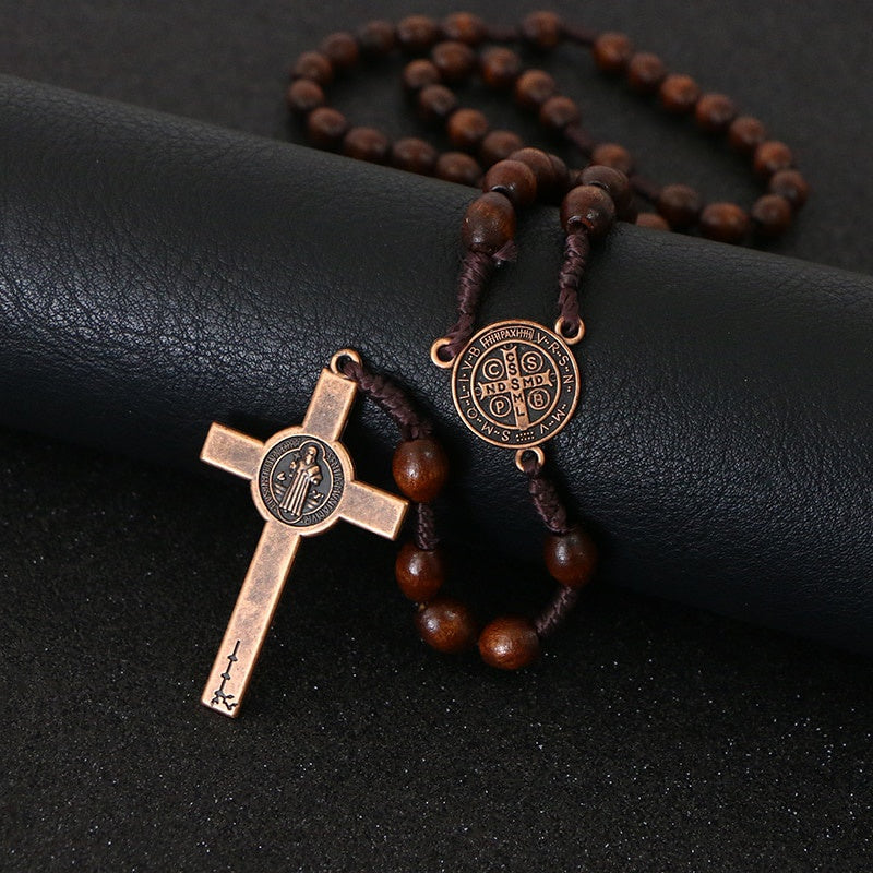 Rosewood Rosary Bead Necklace — Cross Pendant, Handmade Religious Jewelry