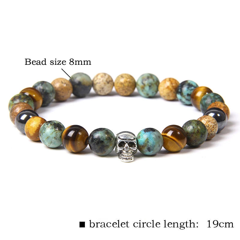 Tinkers Skull Beaded Bracelet Natural Stone Tiger Eye Malachite - Apparel & Accessories > Jewelry > Bracelets