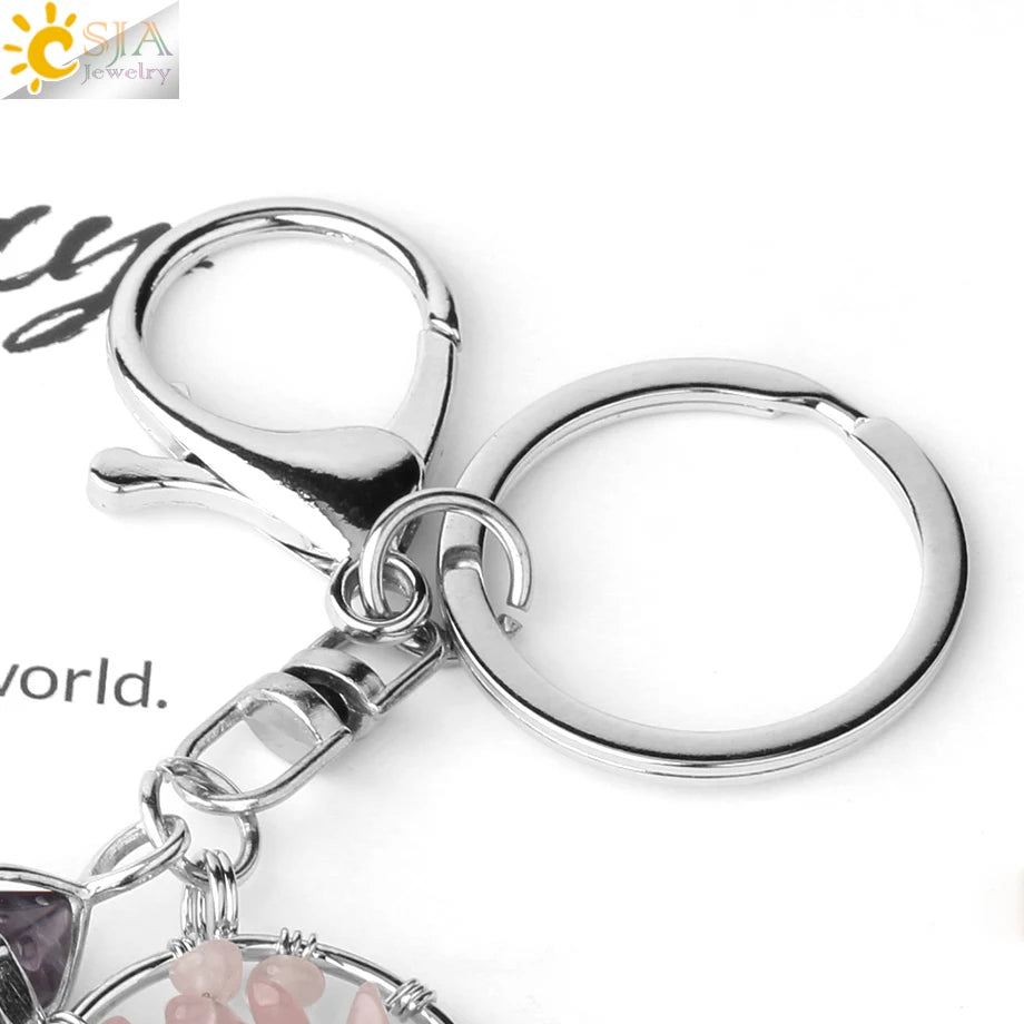 Natural Stone Tree of Life Keychain – Crystal Pendant with Lobster Clasp