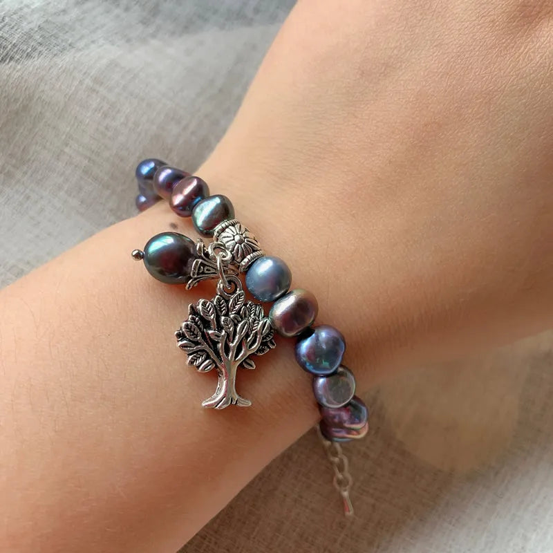 Rainbow Black Baroque Freshwater Pearl Bracelet with Tree of Life Charm