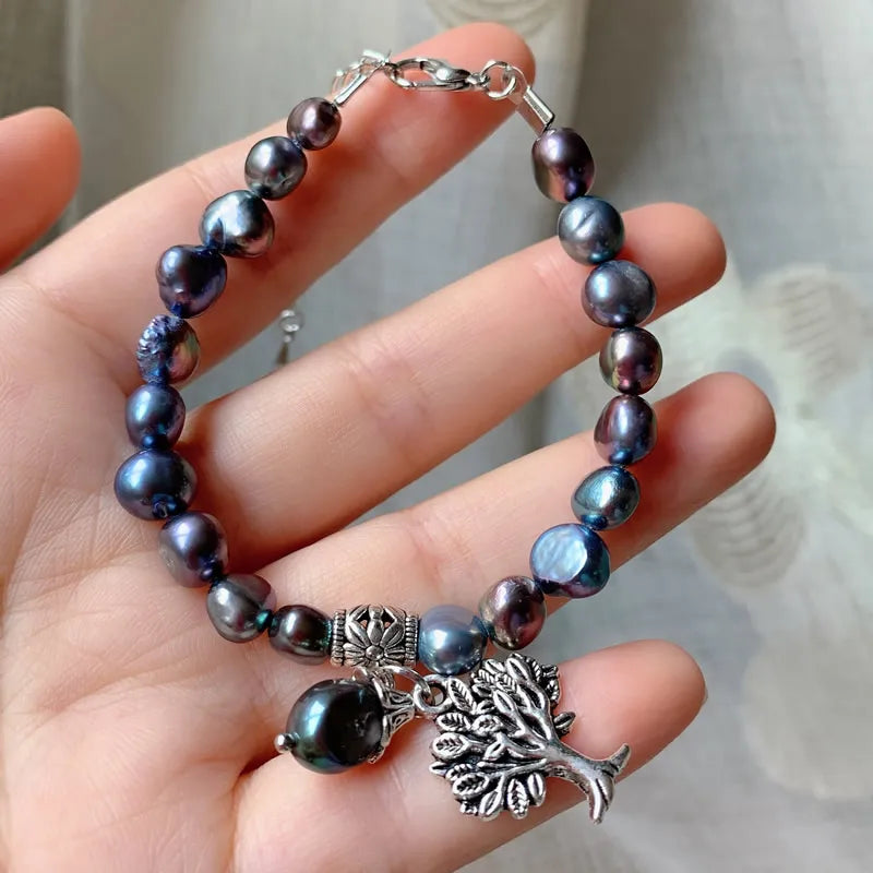 Rainbow Black Baroque Freshwater Pearl Bracelet with Tree of Life Charm