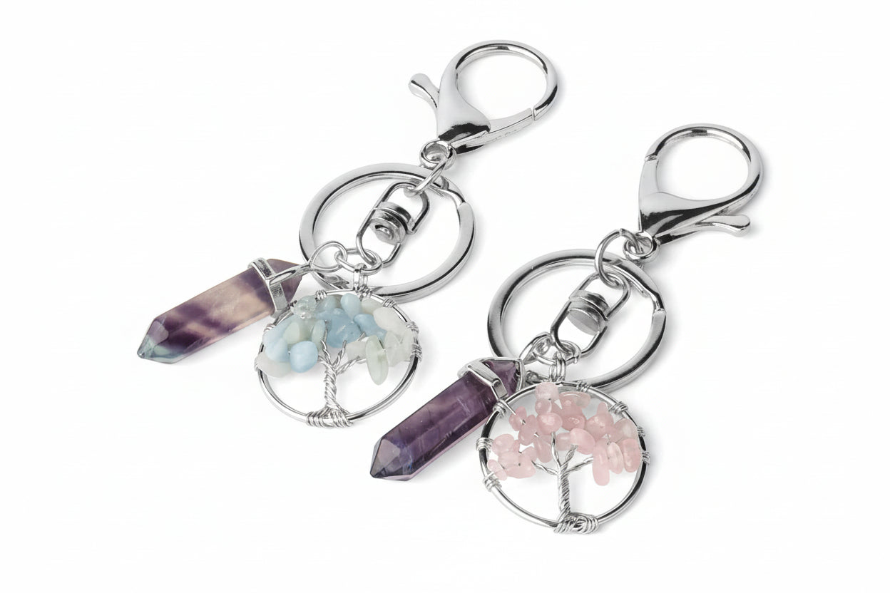 Natural Stone Tree of Life Keychain – Crystal Pendant with Lobster Clasp