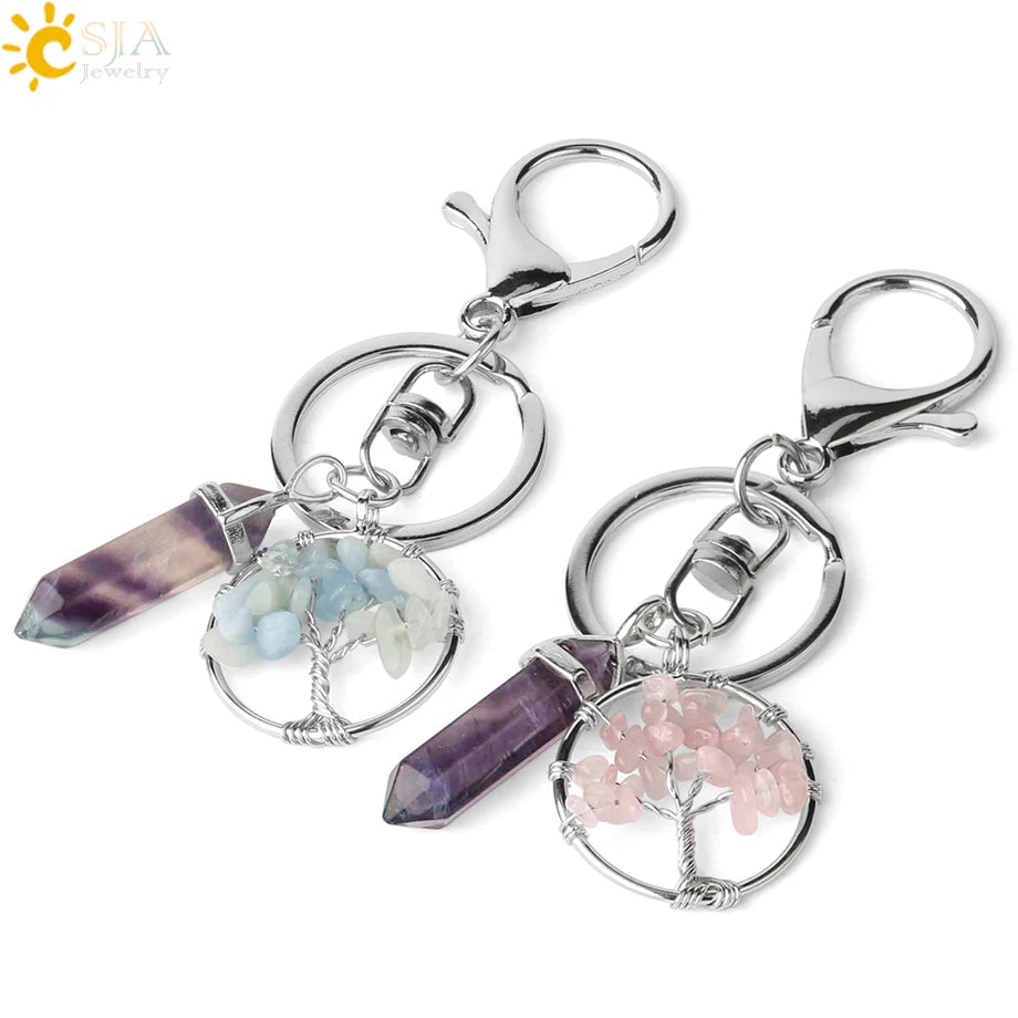 Natural Stone Tree of Life Keychain – Crystal Pendant with Lobster Clasp