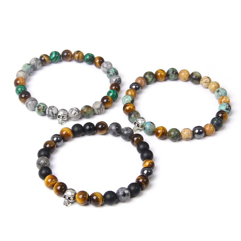 Tinkers Skull Beaded Bracelet Natural Stone Tiger Eye Malachite - Apparel & Accessories > Jewelry > Bracelets