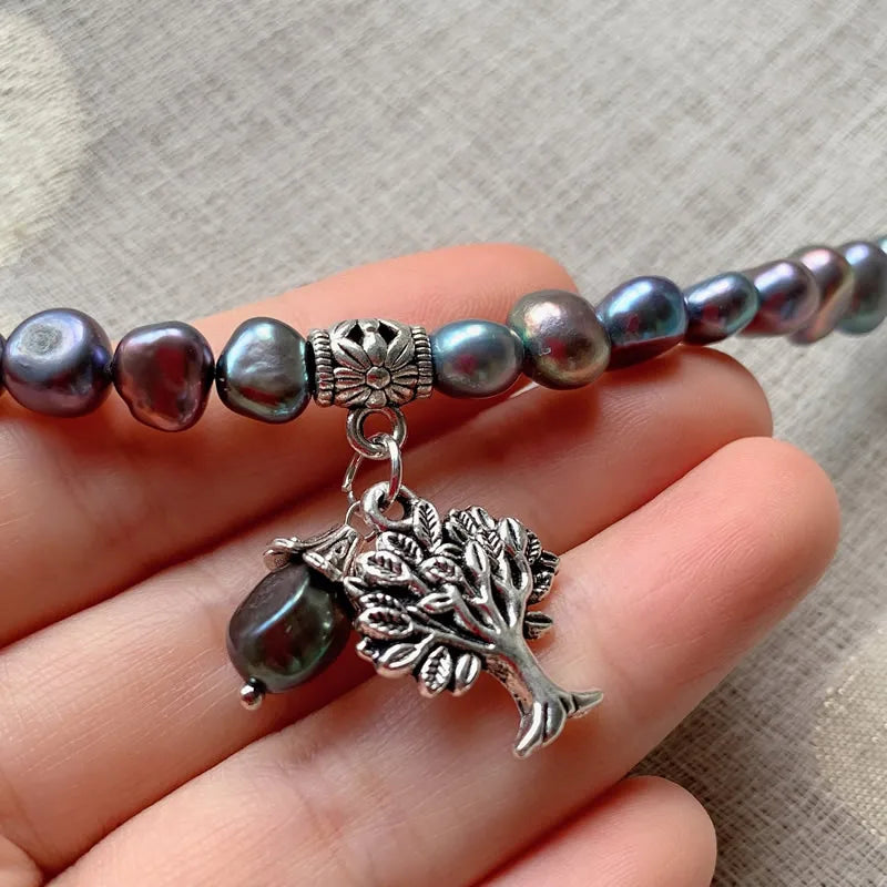 Rainbow Black Baroque Freshwater Pearl Bracelet with Tree of Life Charm