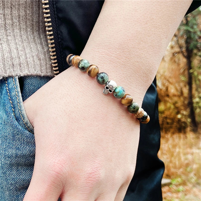 Tinkers Skull Beaded Bracelet Natural Stone Tiger Eye Malachite - Apparel & Accessories > Jewelry > Bracelets
