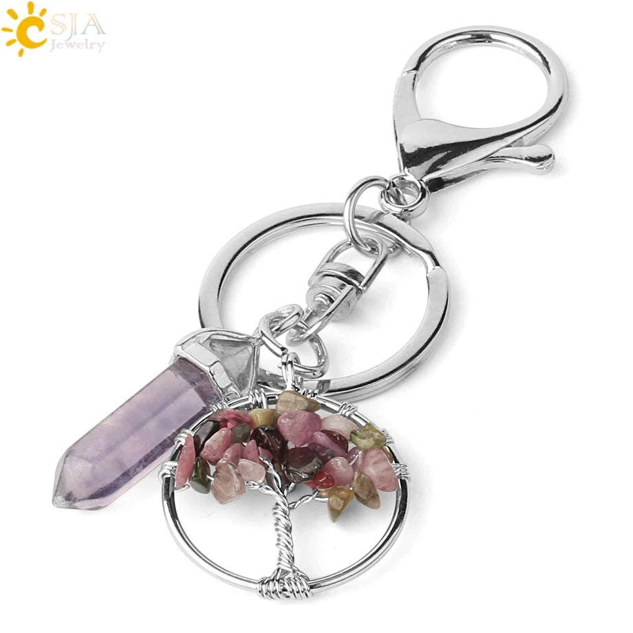 Natural Stone Tree of Life Keychain – Crystal Pendant with Lobster Clasp